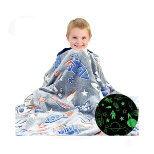 Pocket and Spaceship Adventure Glow in The Dark Blanket for Kids | 200 x 152cm, 0-15 Years, Queen Size Flannel Blanket | Birthday Gift for Kids Bed, Sofa, or Couch